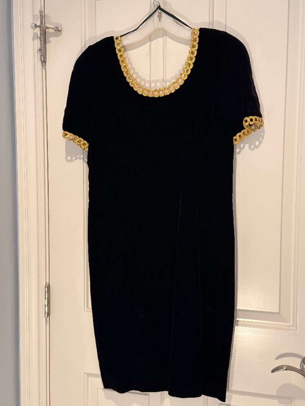 VINTAGE Maggy Boutique early 1990's NAVY VELVET cocktail dress with GOLD BEADING